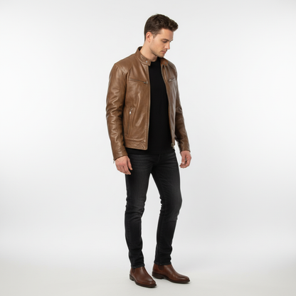 Men's Slim Fit Faux Leather Racer Jacket in Brown - alternate angle showing fit and fabric detail