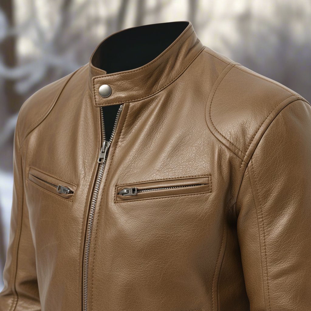 Men's Slim Fit Faux Leather Racer Jacket in Brown - alternate angle showing fit and fabric detail
