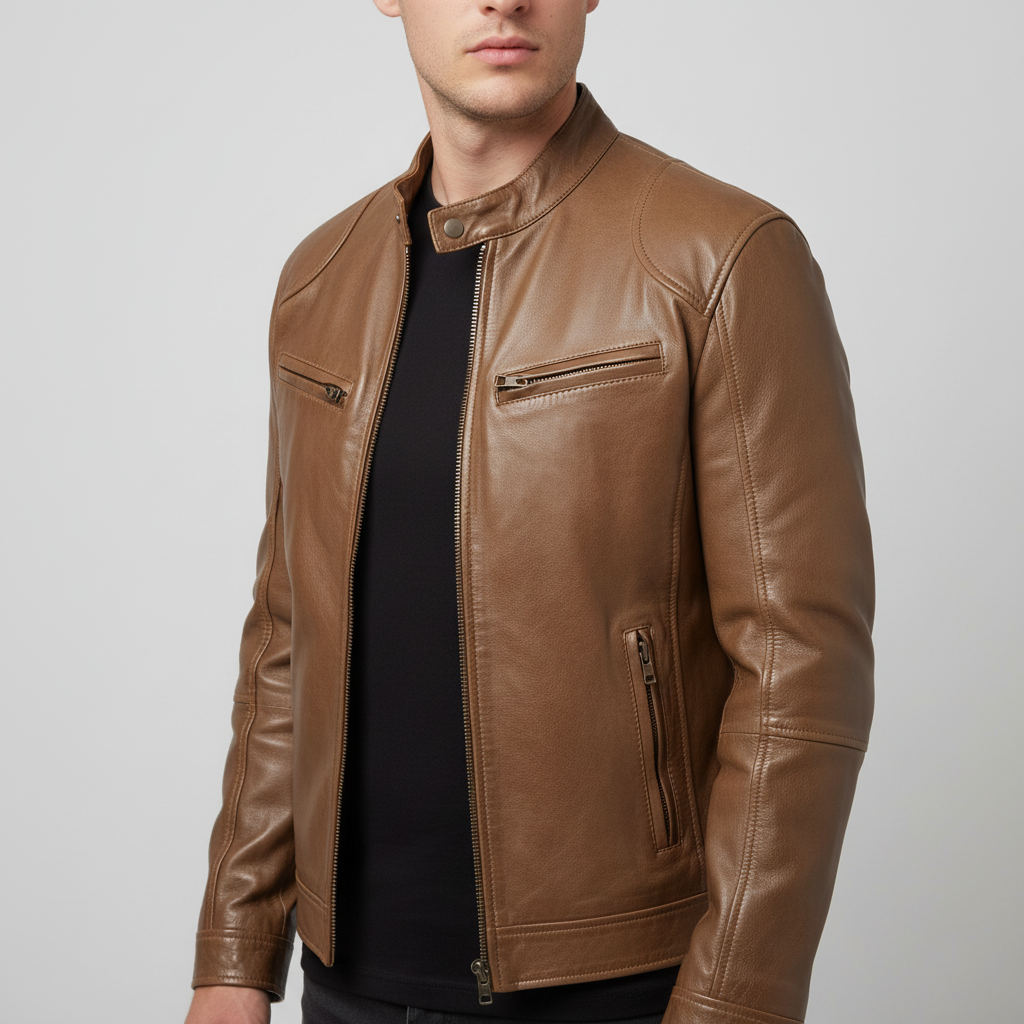 Men's Slim Fit Faux Leather Racer Jacket in Brown - front view