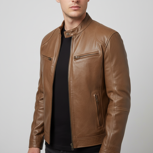 Men's Slim Fit Faux Leather Racer Jacket in Brown - front view