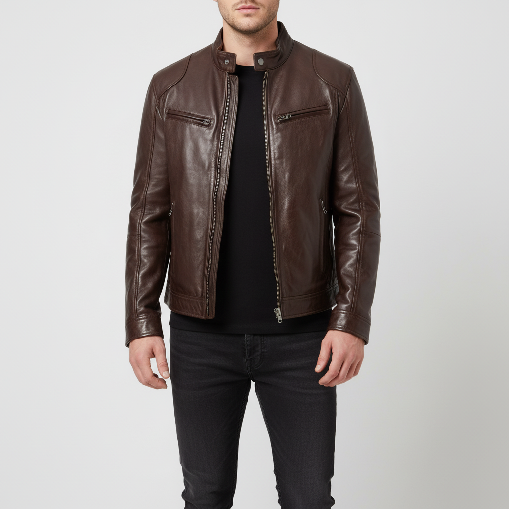 Men's Slim Fit Faux Leather Racer Jacket in Dark Brown - front view