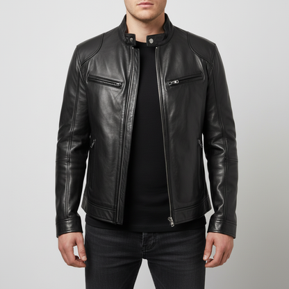 Men's Slim Fit Faux Leather Racer Jacket in Black - front view