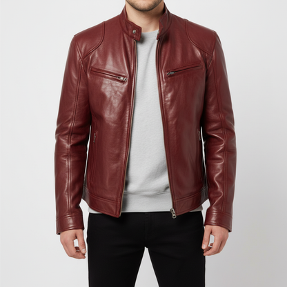 Men's Slim Fit Faux Leather Racer Jacket in Red - front view