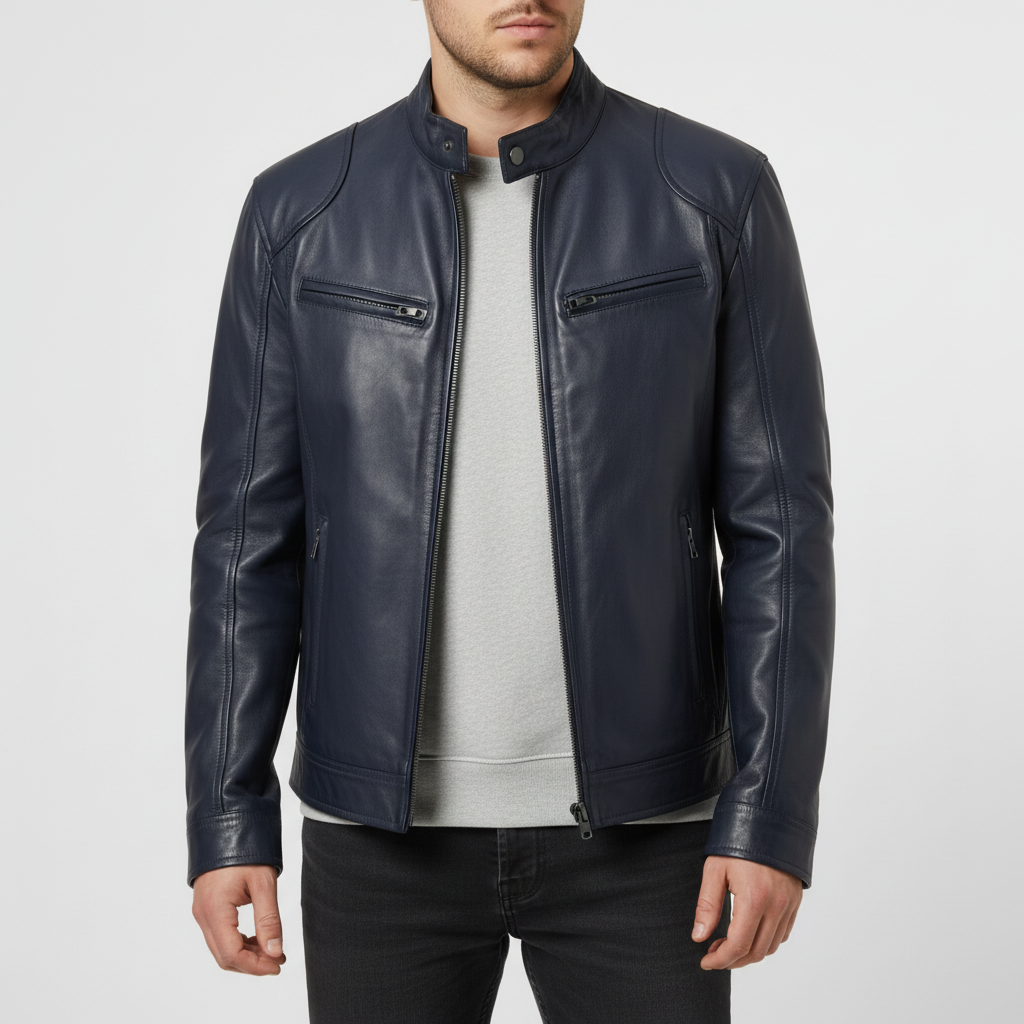 Men's Slim Fit Faux Leather Racer Jacket in Red - alternate angle showing fit and fabric detail