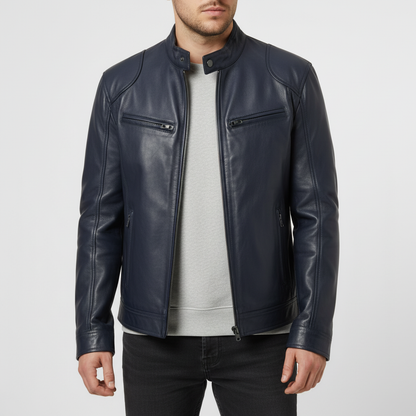 Men's Slim Fit Faux Leather Racer Jacket in Red - alternate angle showing fit and fabric detail