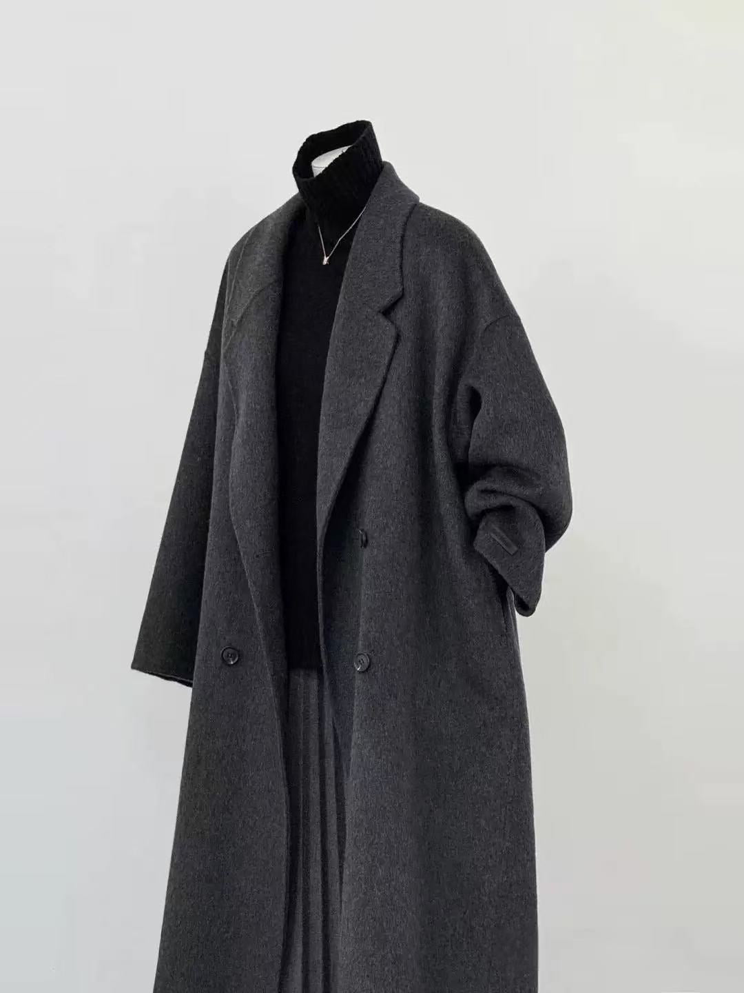 Women's Dropped Shoulder Long Coat - alternate angle showing fit and fabric detail