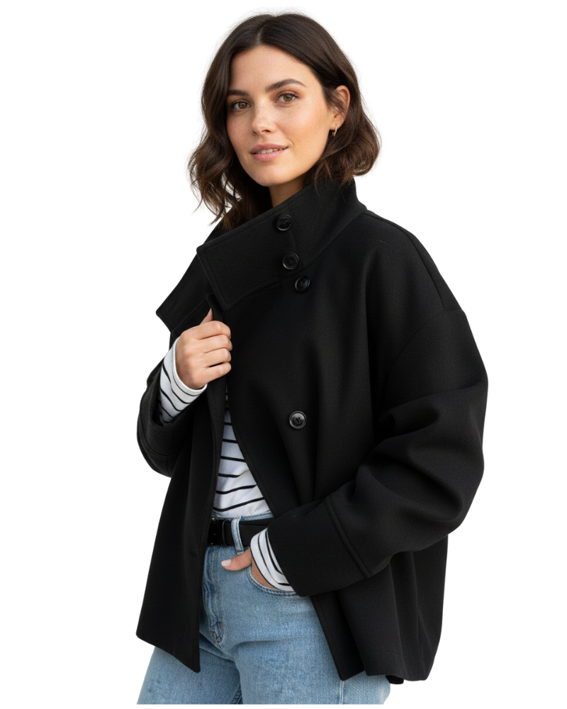Women's Short Stand Collar Jacket in Black - front view
