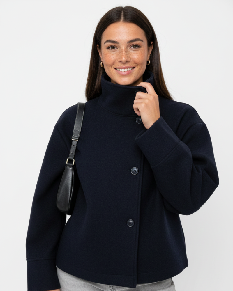 Women's Short Stand Collar Jacket in Blue - front view
