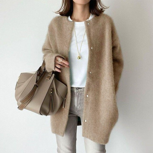 Women's Long Button Cardigan in Khaki - front view