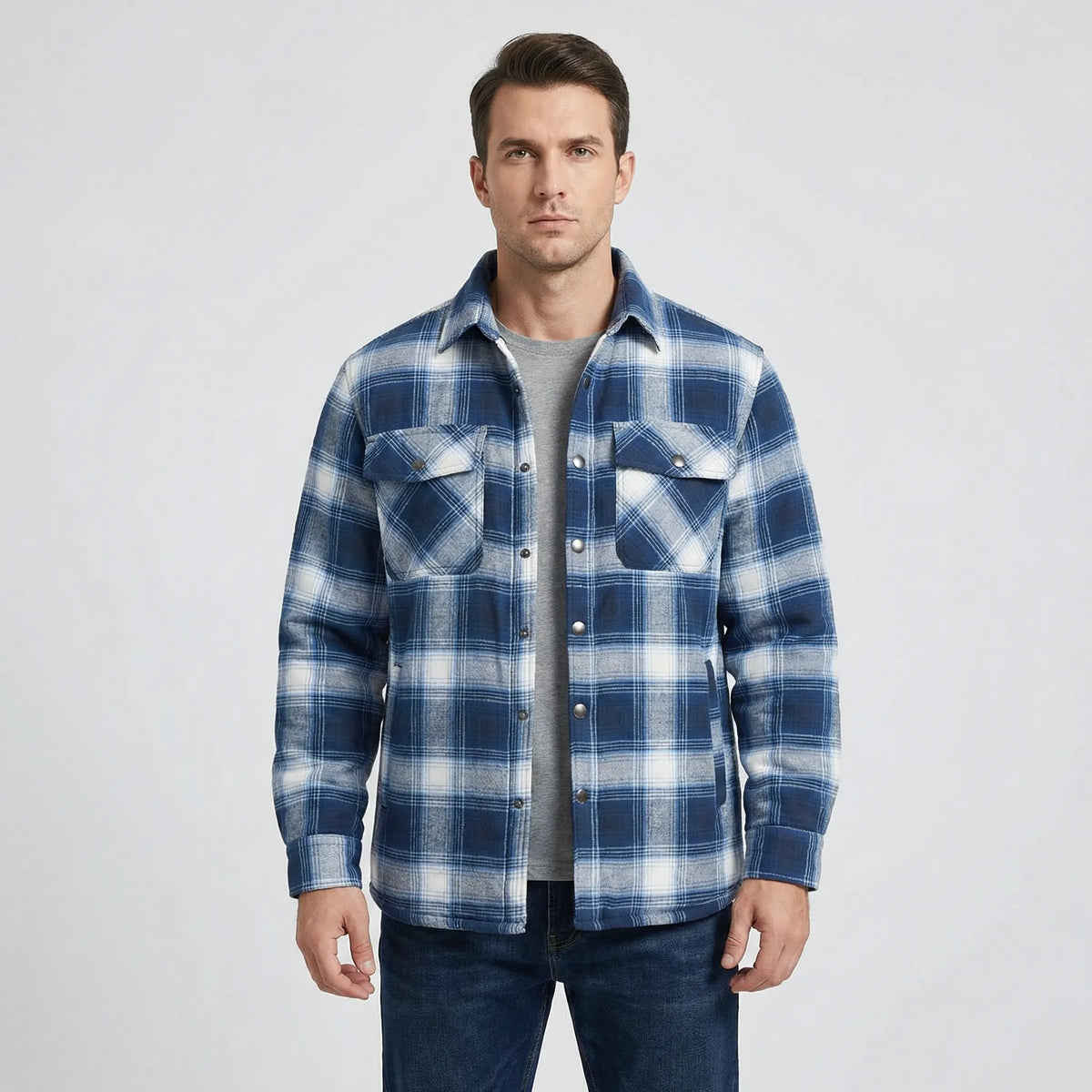 Men's Quilted Plaid Flannel Shirt Jacket in Blue And White - front view