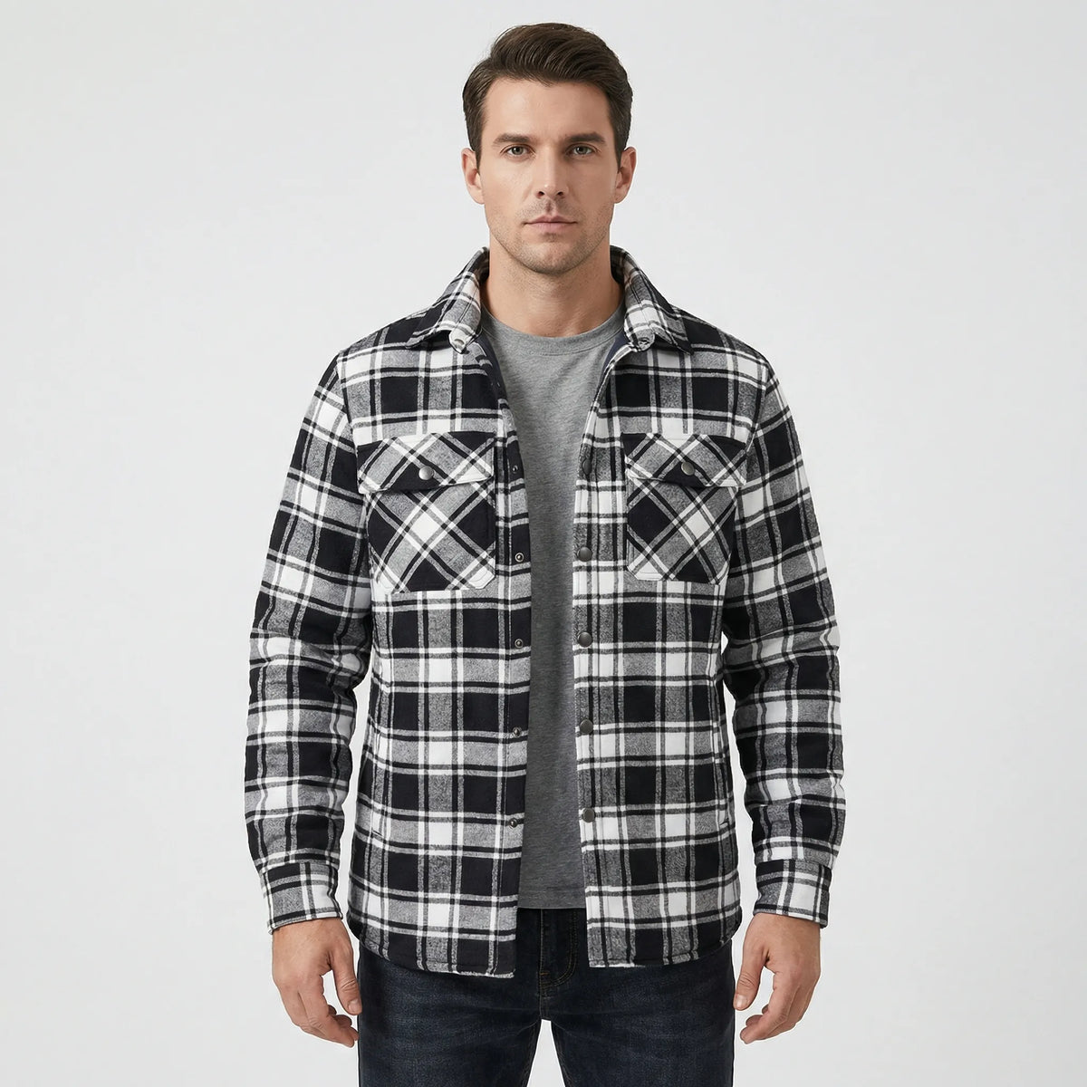 Men's Quilted Plaid Flannel Shirt Jacket in Black - front view