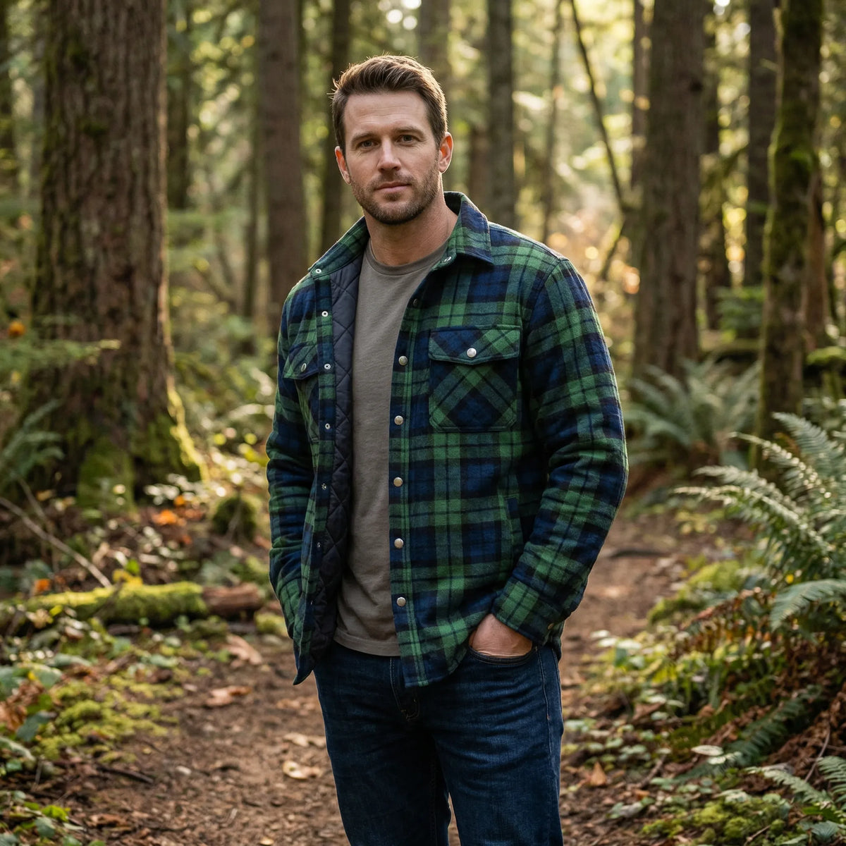 Men's Quilted Plaid Flannel Shirt Jacket in Black - alternate angle showing fit and fabric detail