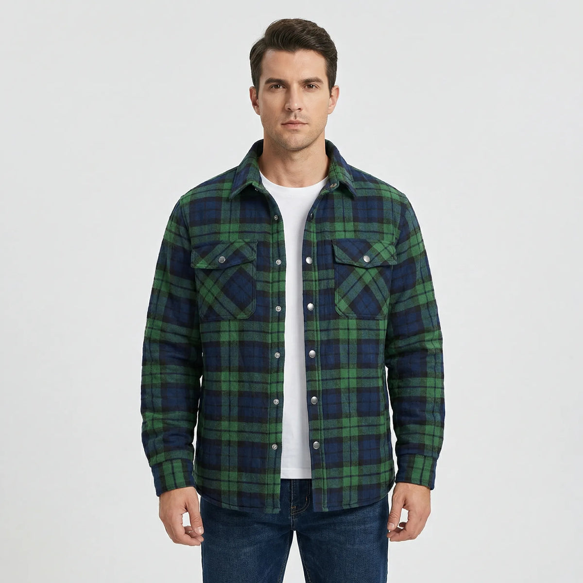 Men's Quilted Plaid Flannel Shirt Jacket in Red - alternate angle showing fit and fabric detail
