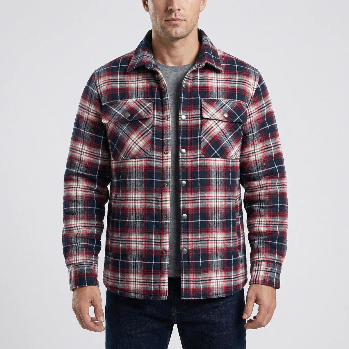 Men's Quilted Plaid Flannel Shirt Jacket in Red - front view