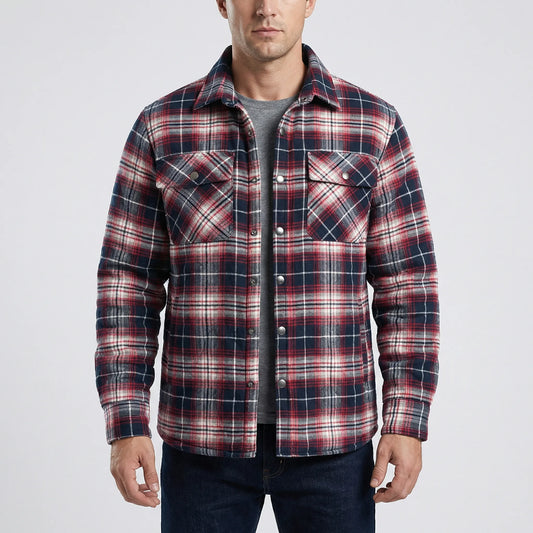 Men's Quilted Plaid Flannel Shirt Jacket in Red - front view