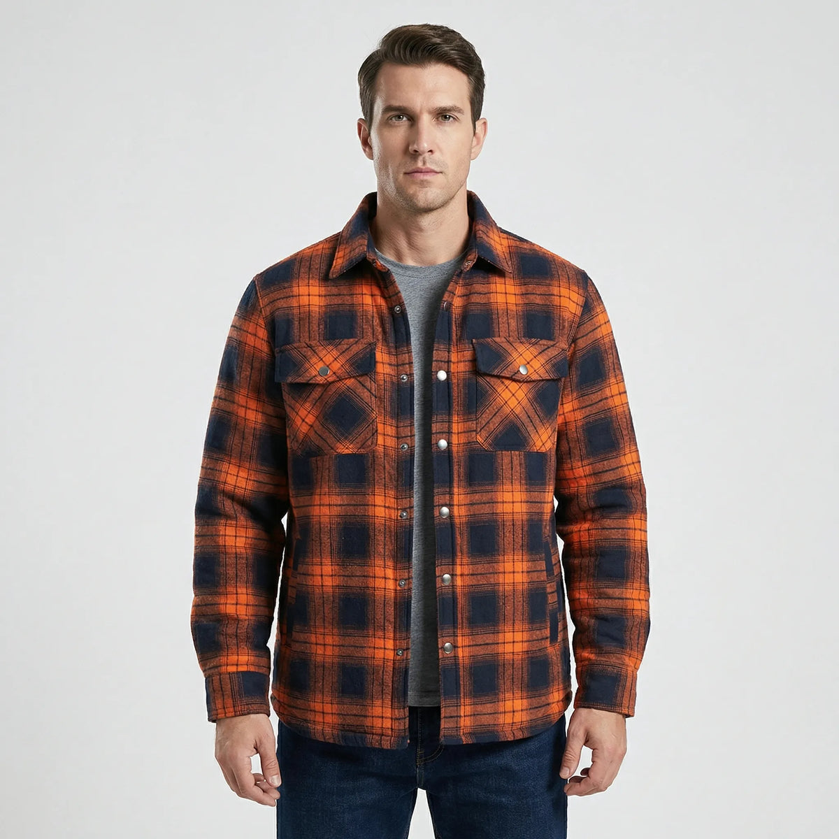 Men's Quilted Plaid Flannel Shirt Jacket in Orange - front view