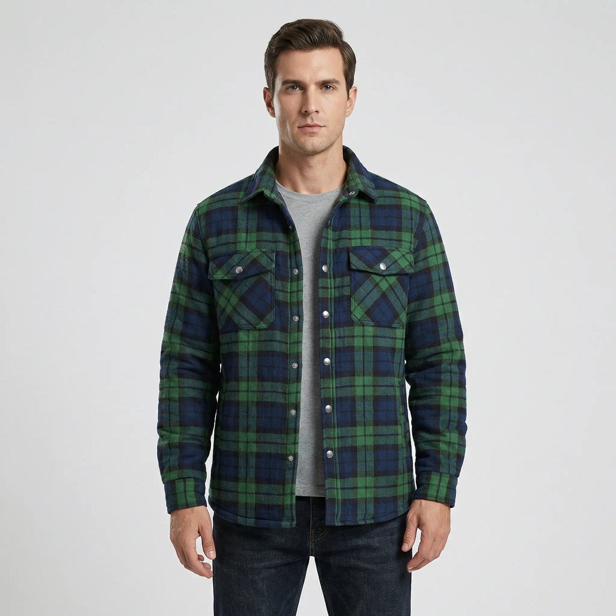 Men's Quilted Plaid Flannel Shirt Jacket in Green - front view
