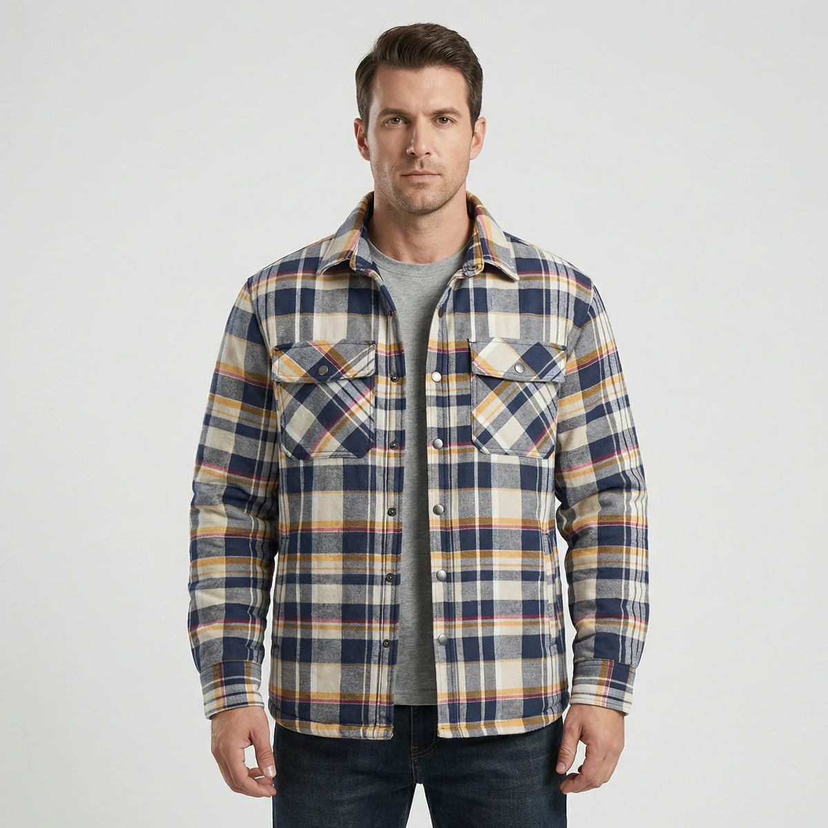 Men's Quilted Plaid Flannel Shirt Jacket in Gray - front view
