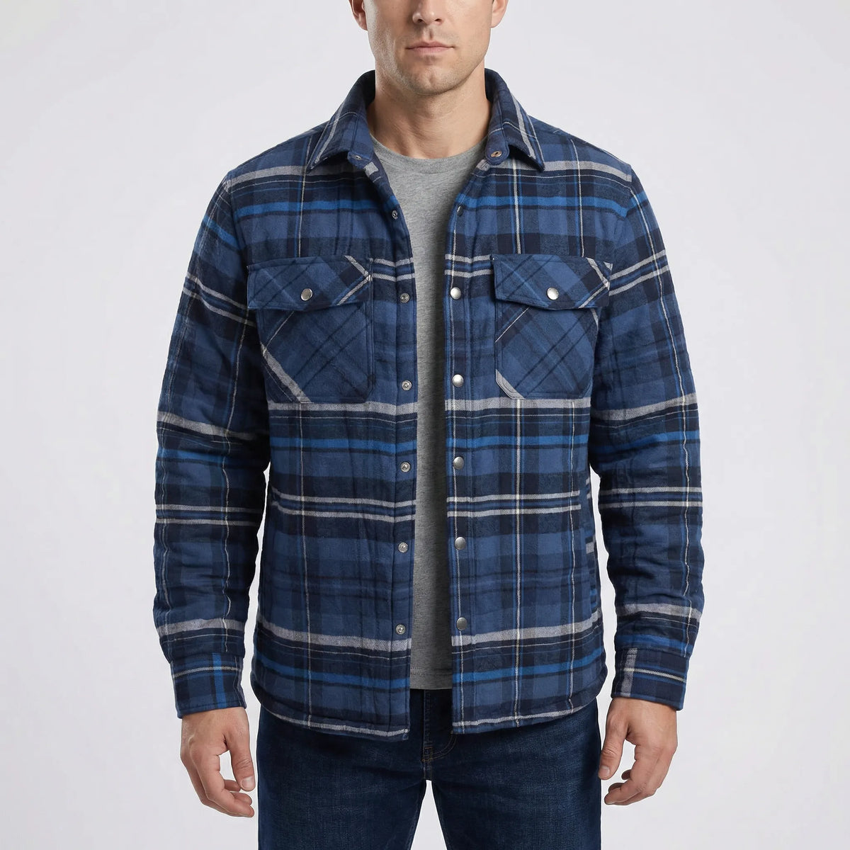 Men's Quilted Plaid Flannel Shirt Jacket in Blue - front view