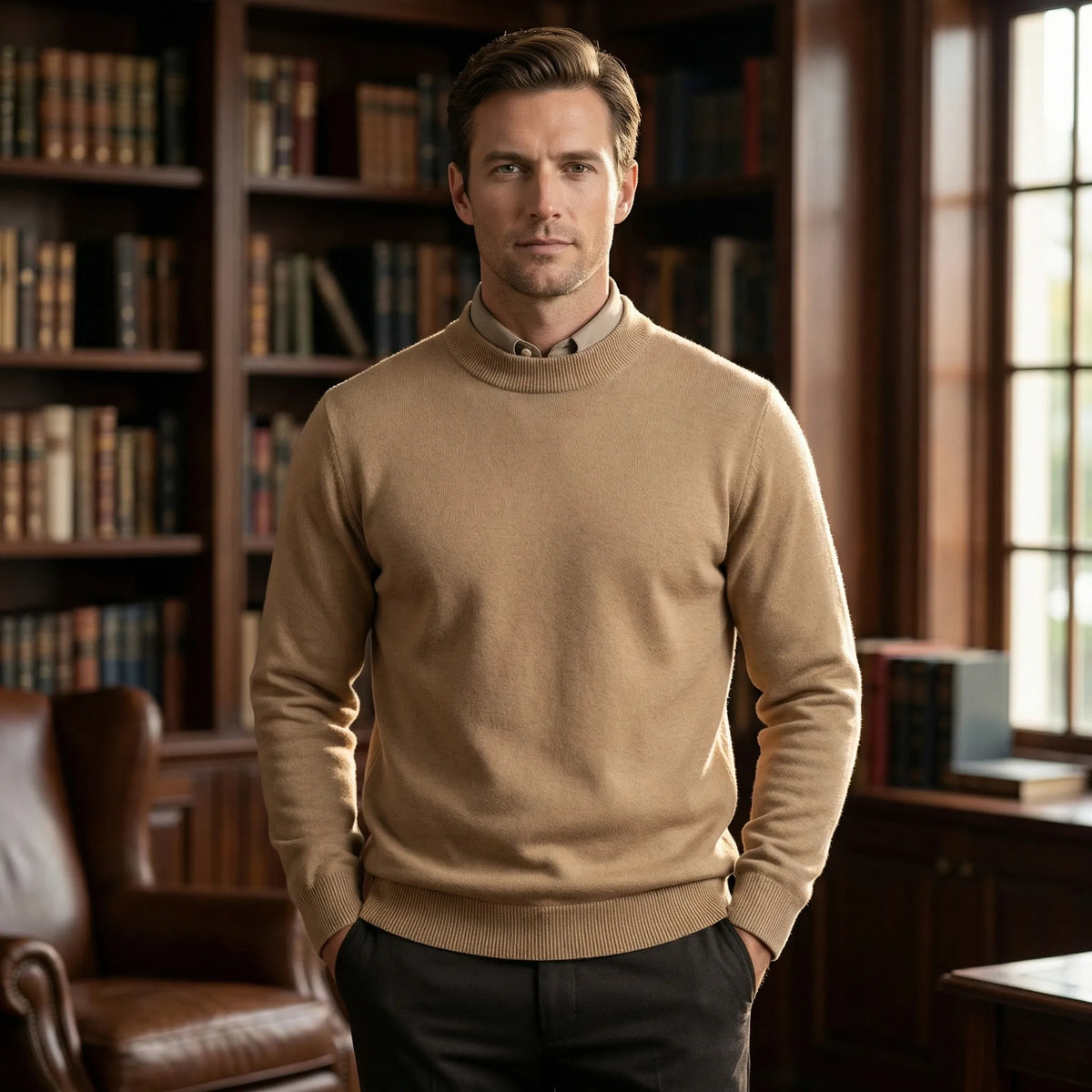 Men's Classic Crew Neck Pullover Sweater in Black - alternate angle showing fit and fabric detail