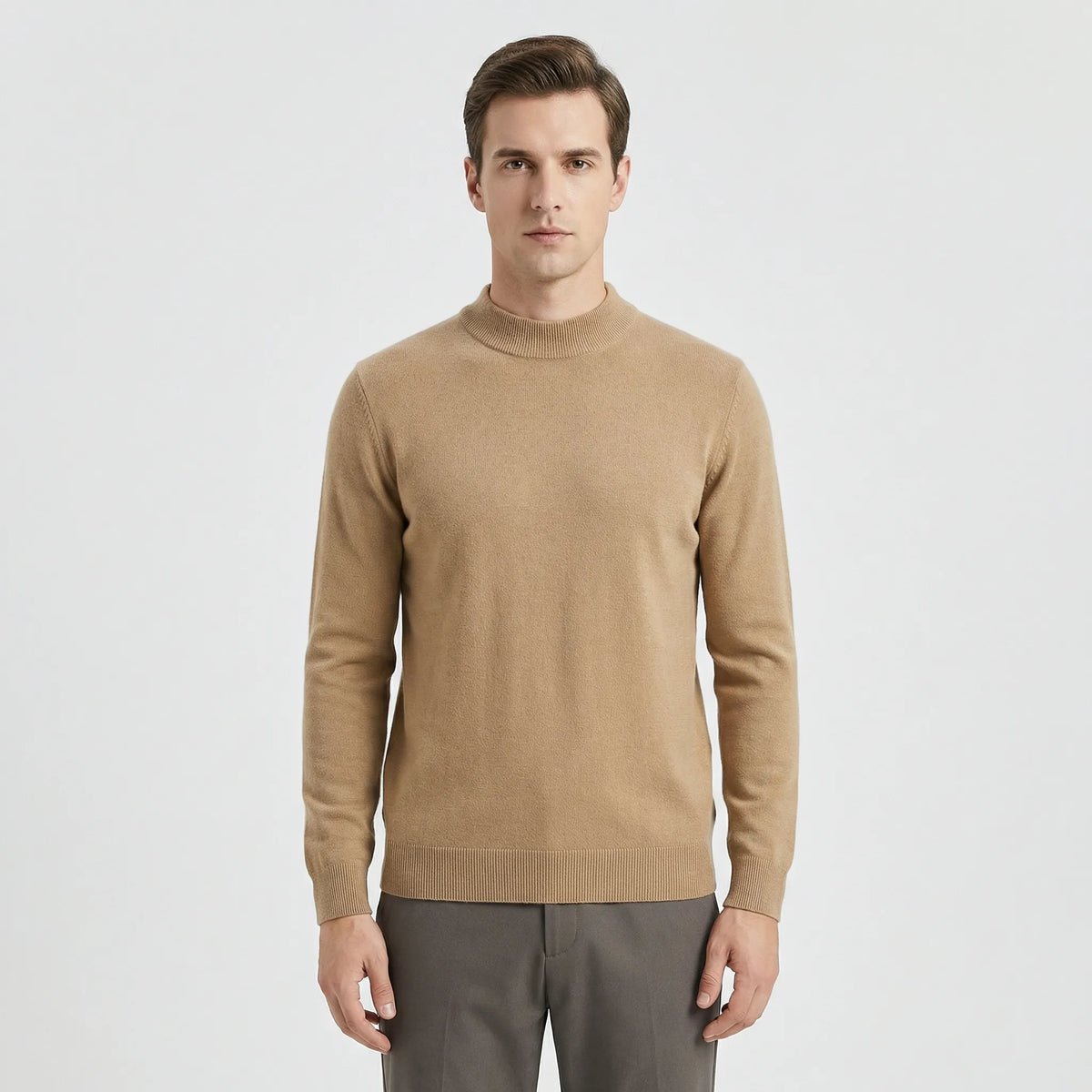 Men's Classic Crew Neck Pullover Sweater in Beige - alternate angle showing fit and fabric detail