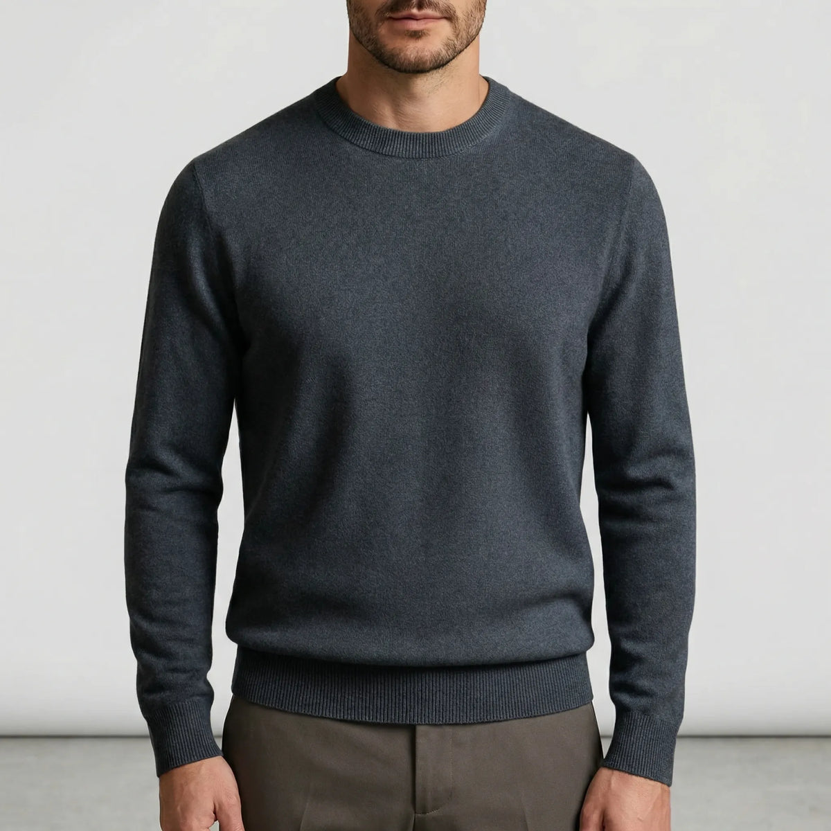 Men's Fine Knit Crew Neck Sweater in Dark Gray - front view