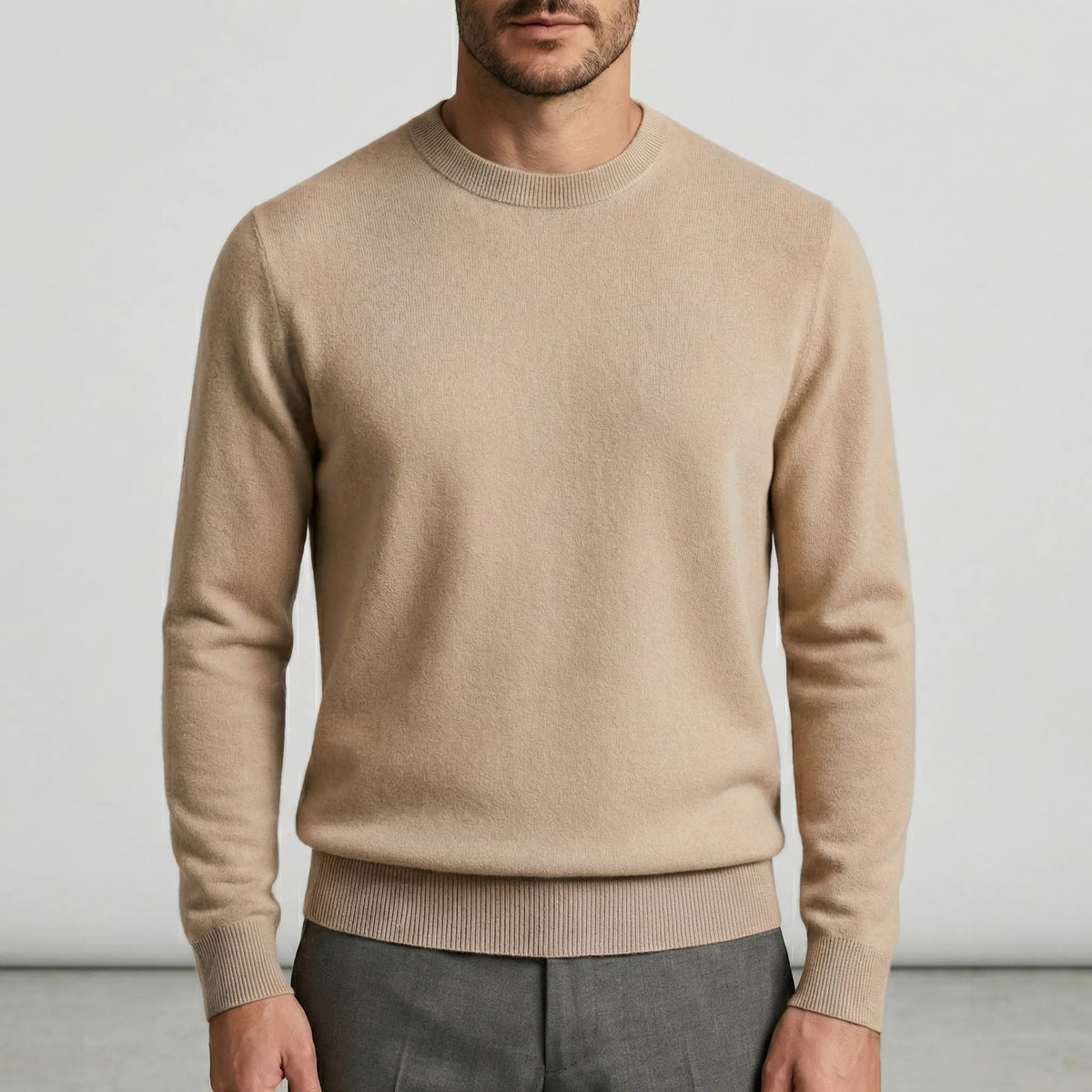 Men's Fine Knit Crew Neck Sweater in Beige - front view