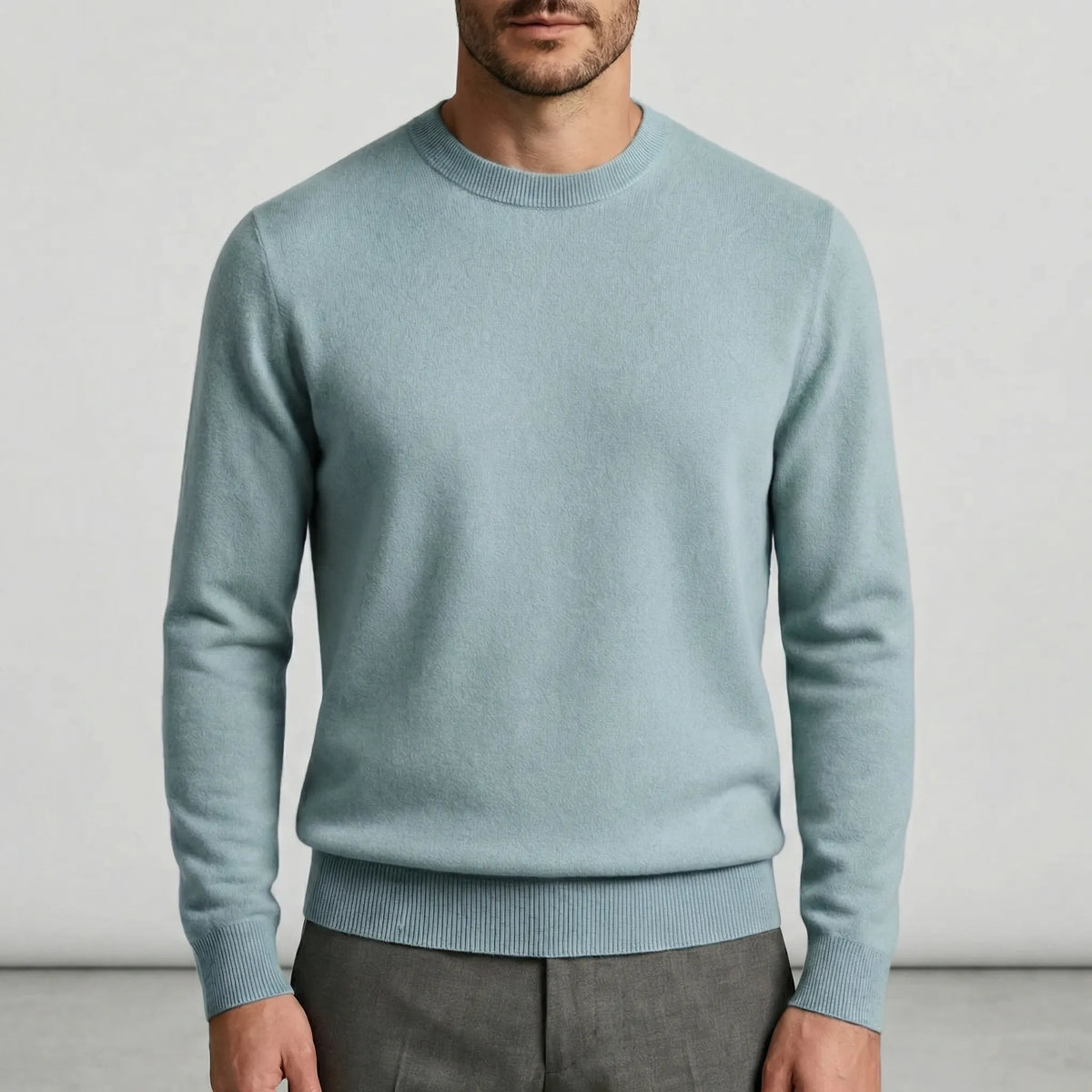 Men's Fine Knit Crew Neck Sweater in Beige - alternate angle showing fit and fabric detail