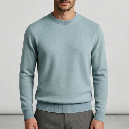 Men's Fine Knit Crew Neck Sweater in Beige - alternate angle showing fit and fabric detail
