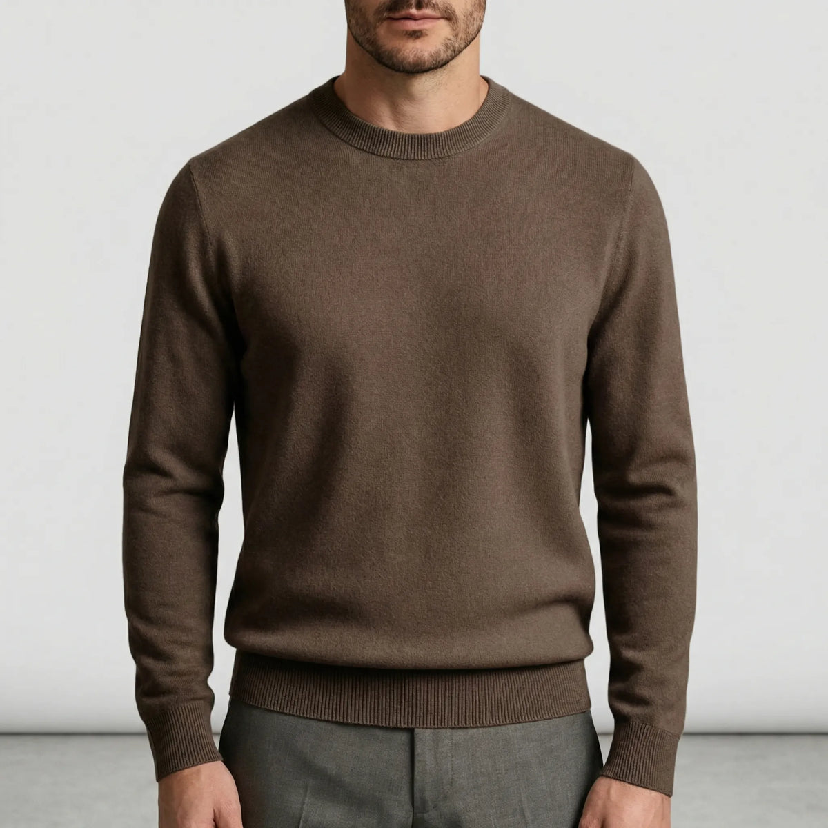 Men's Fine Knit Crew Neck Sweater in Beige - alternate angle showing fit and fabric detail