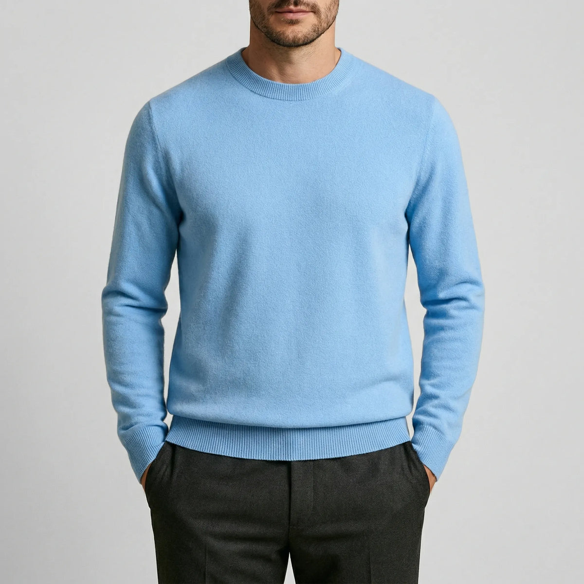 Men's Fine Knit Crew Neck Sweater in Black - alternate angle showing fit and fabric detail
