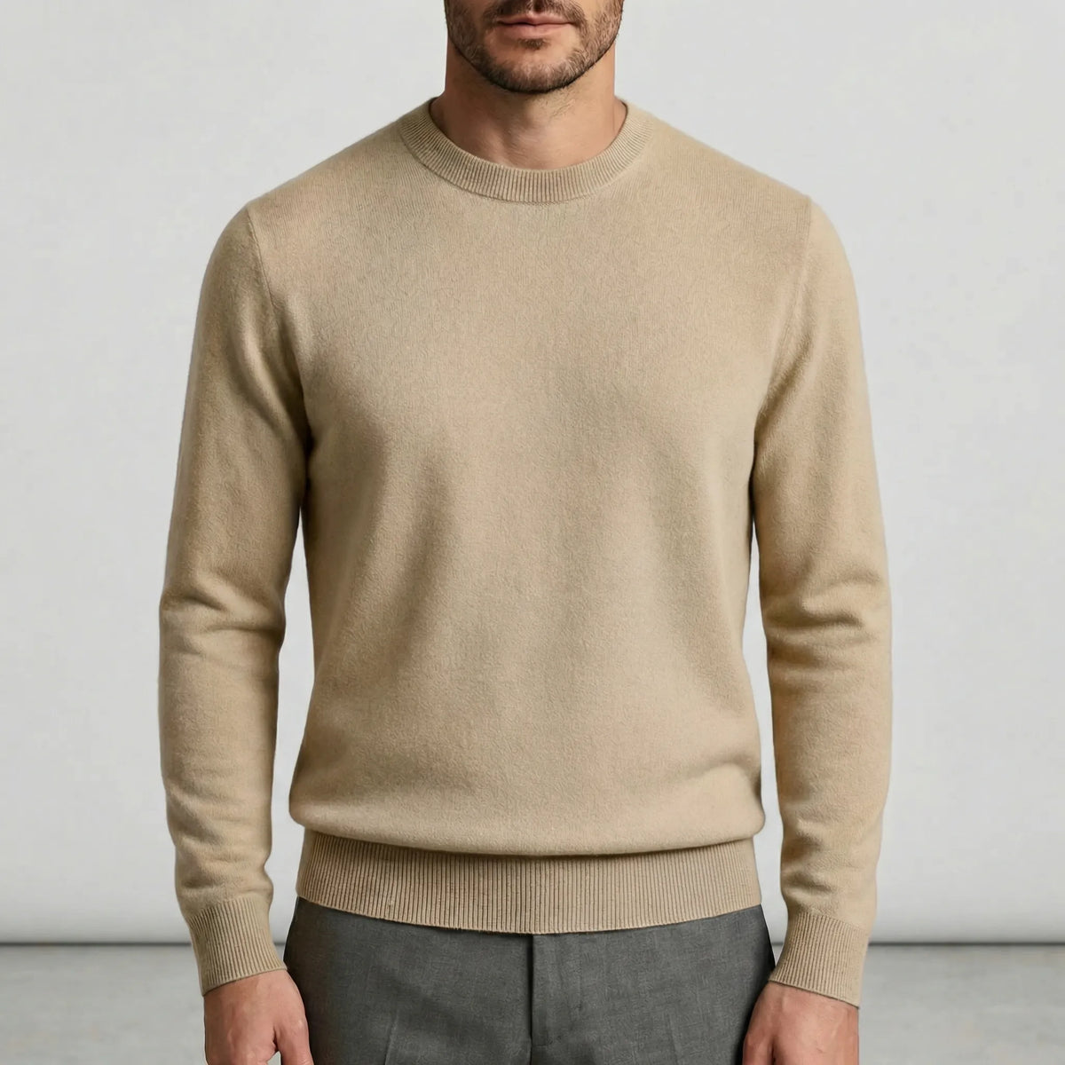 Men's Fine Knit Crew Neck Sweater in Dark Gray - alternate angle showing fit and fabric detail
