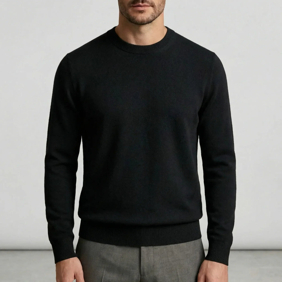 Men's Fine Knit Crew Neck Sweater in Black - front view