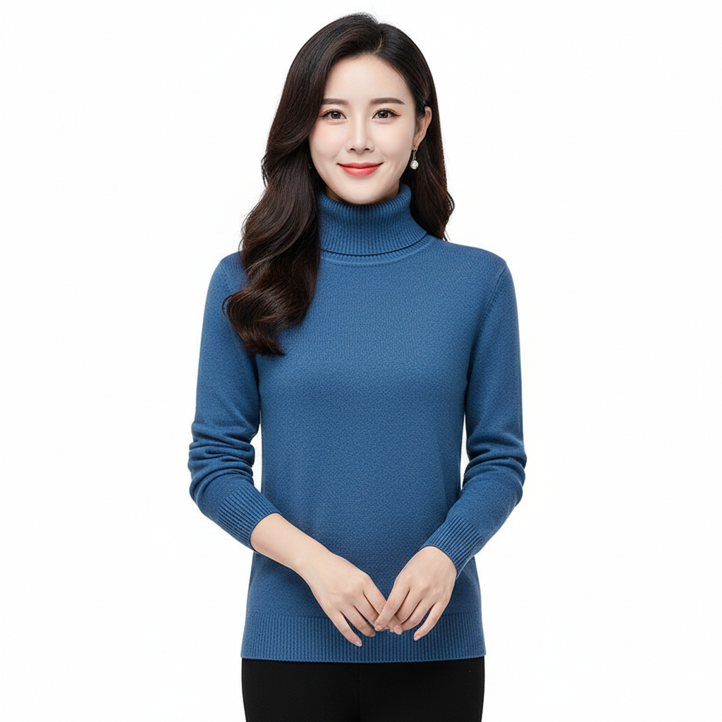 Women's Slim Fit Ribbed Turtleneck Sweater in Blue - front view