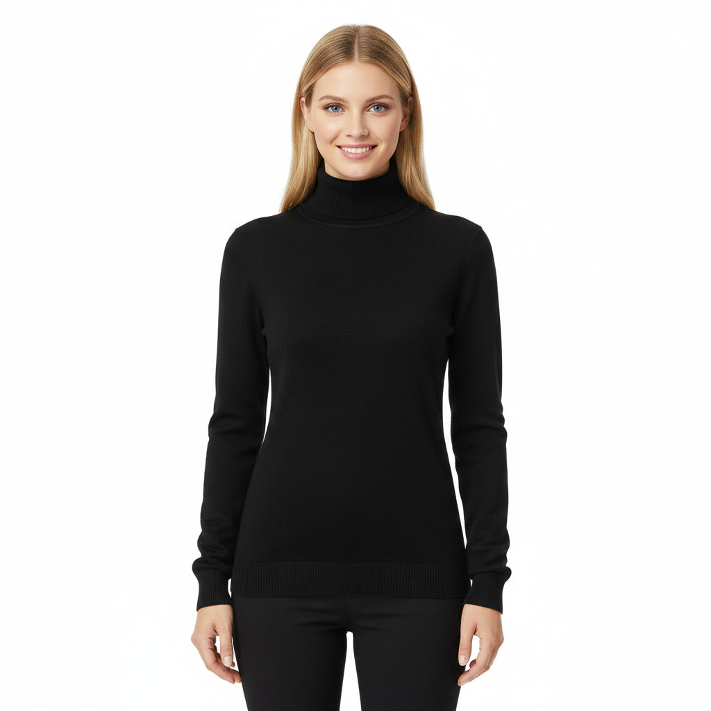 Women's Slim Fit Ribbed Turtleneck Sweater in Black - front view