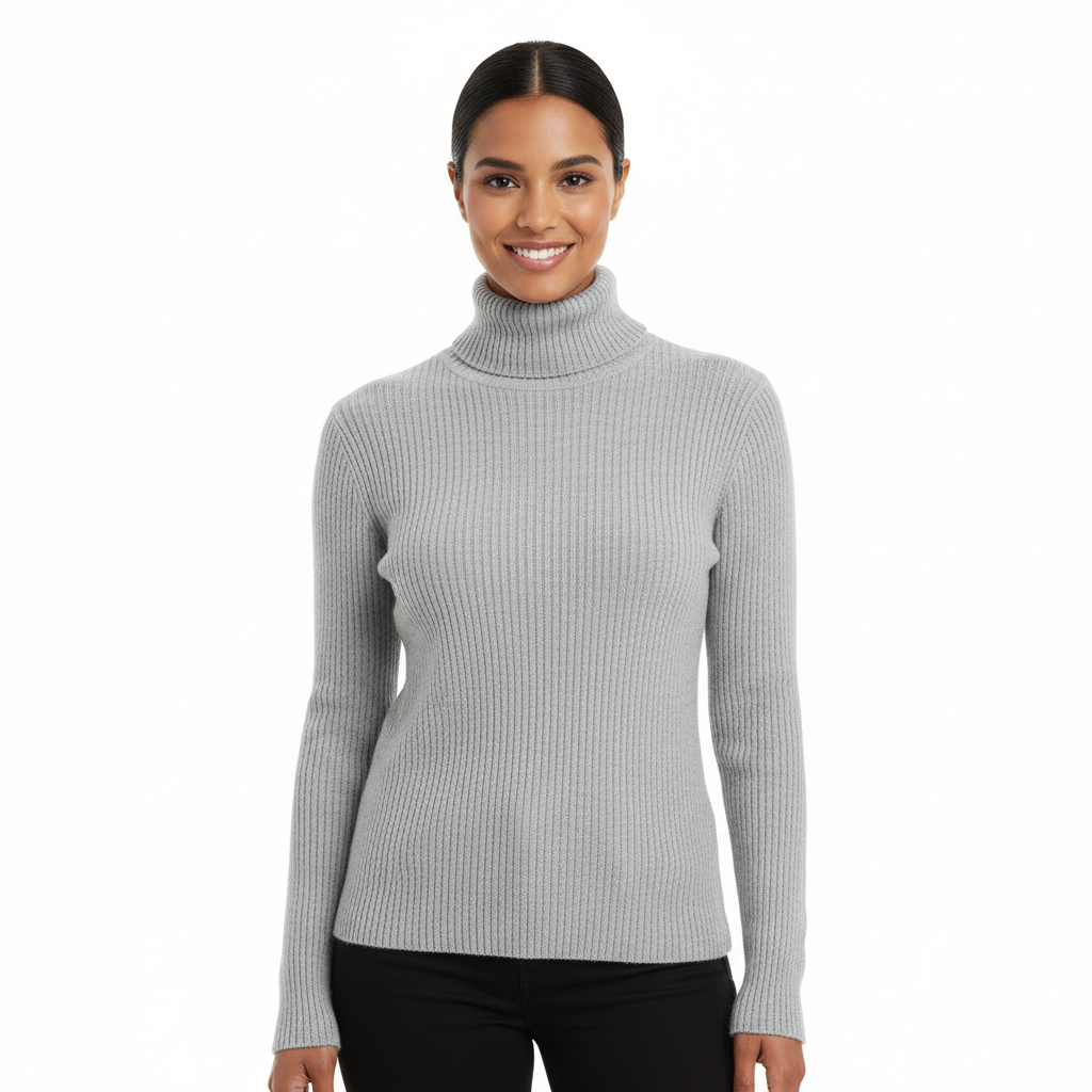 Women's Slim Fit Ribbed Turtleneck Sweater in Dark Grey - front view