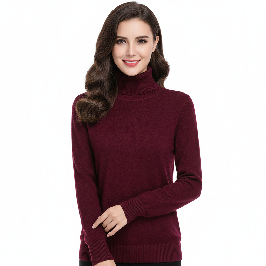 Women's Slim Fit Ribbed Turtleneck Sweater in Dark Red - front view