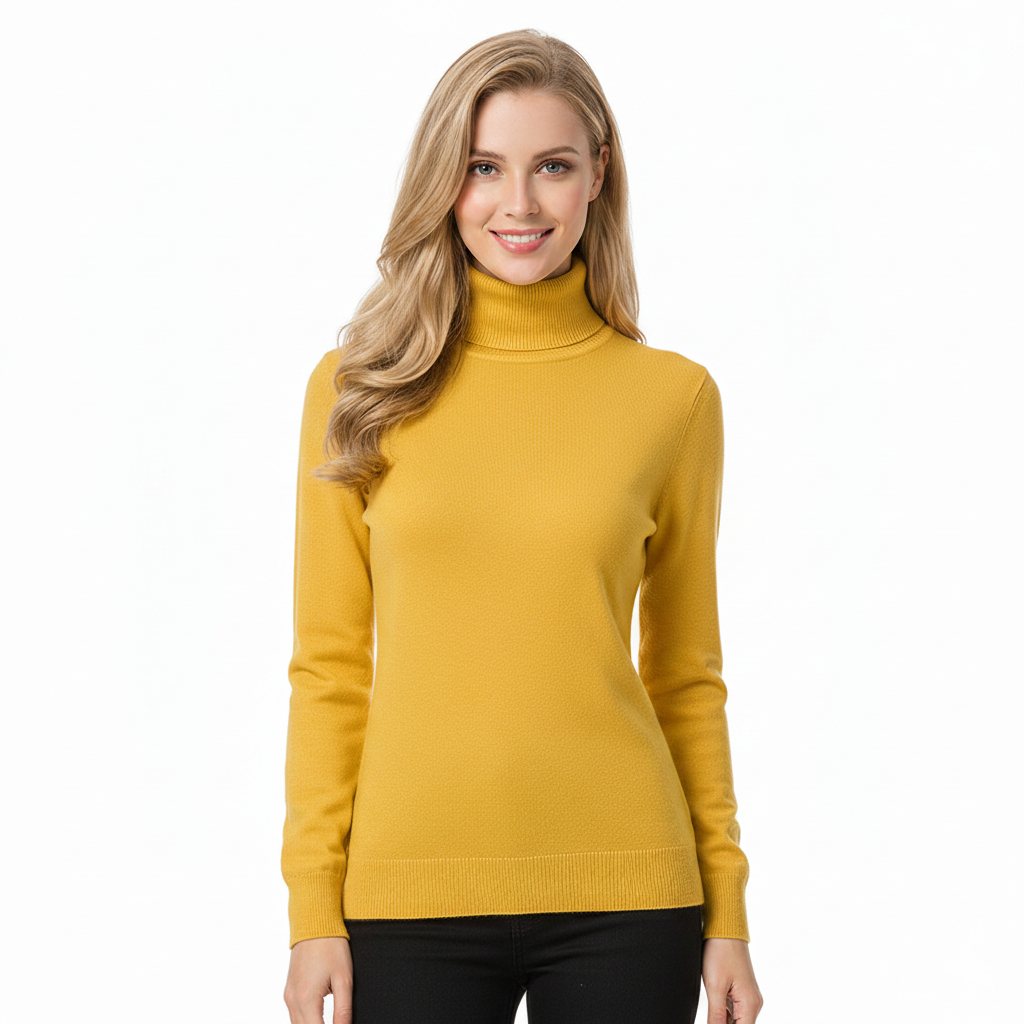 Women's Slim Fit Ribbed Turtleneck Sweater in Yellow - front view
