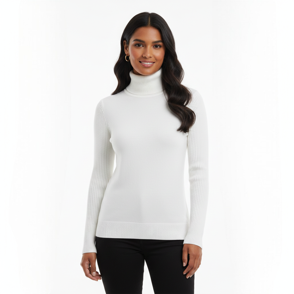 Women's Slim Fit Ribbed Turtleneck Sweater in White - front view
