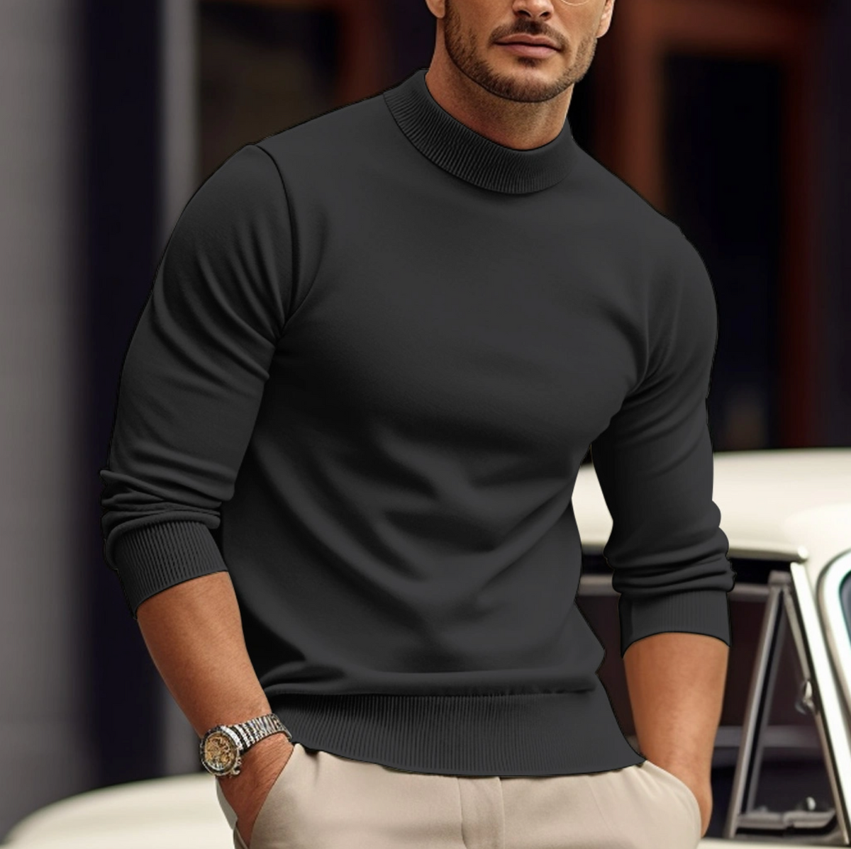 Men's Slim Fit Mock Neck Sweater in Black - front view