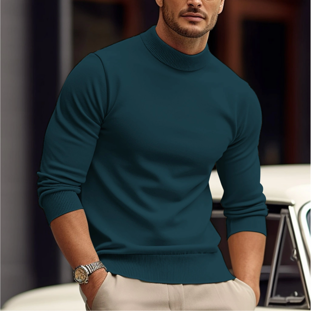 Men's Slim Fit Mock Neck Sweater in Green - alternate angle showing fit and fabric detail