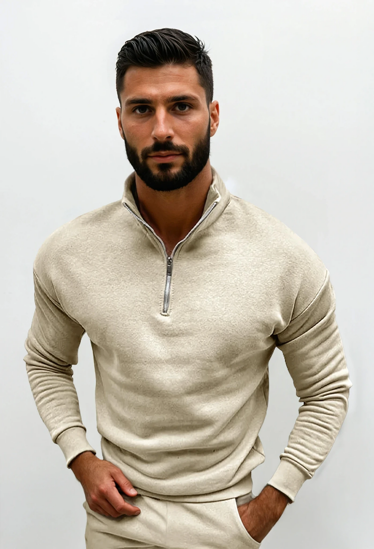 Men's Half-Zip Sweatshirt with Stand Collar in Beige - front view