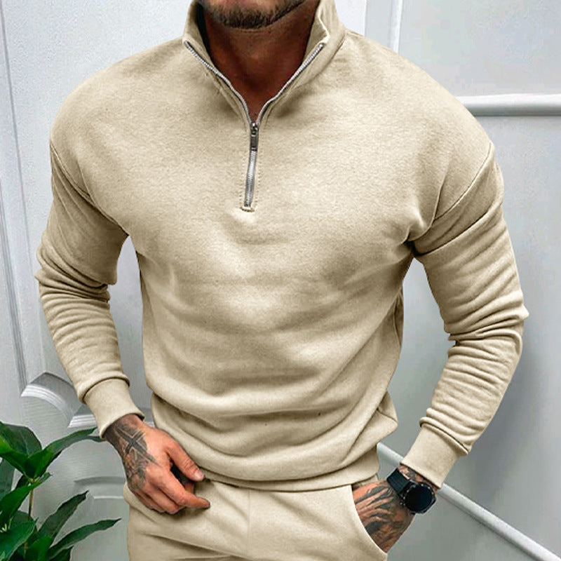 Men's Half-Zip Sweatshirt with Stand Collar in Beige - alternate angle showing fit and fabric detail