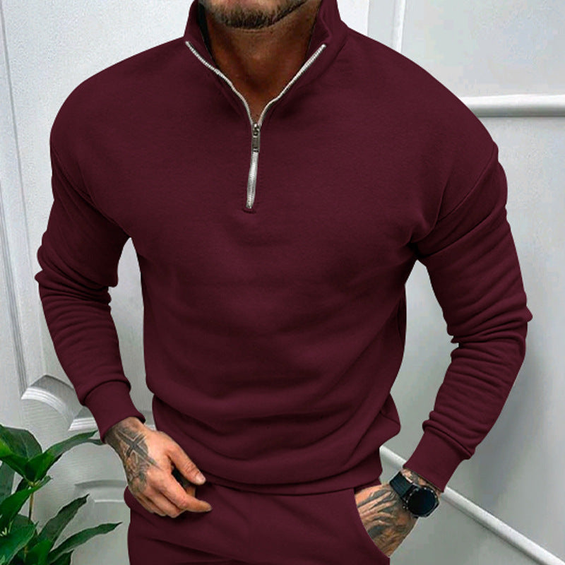 Men's Half-Zip Sweatshirt with Stand Collar in Red - alternate angle showing fit and fabric detail