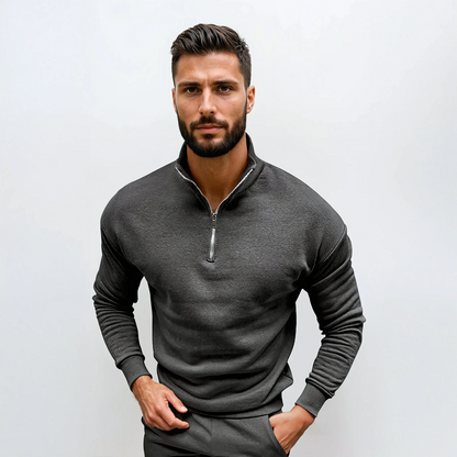 Men's Half-Zip Sweatshirt with Stand Collar in Black - alternate angle showing fit and fabric detail