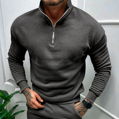 Men's Half-Zip Sweatshirt with Stand Collar in Black - alternate angle showing fit and fabric detail
