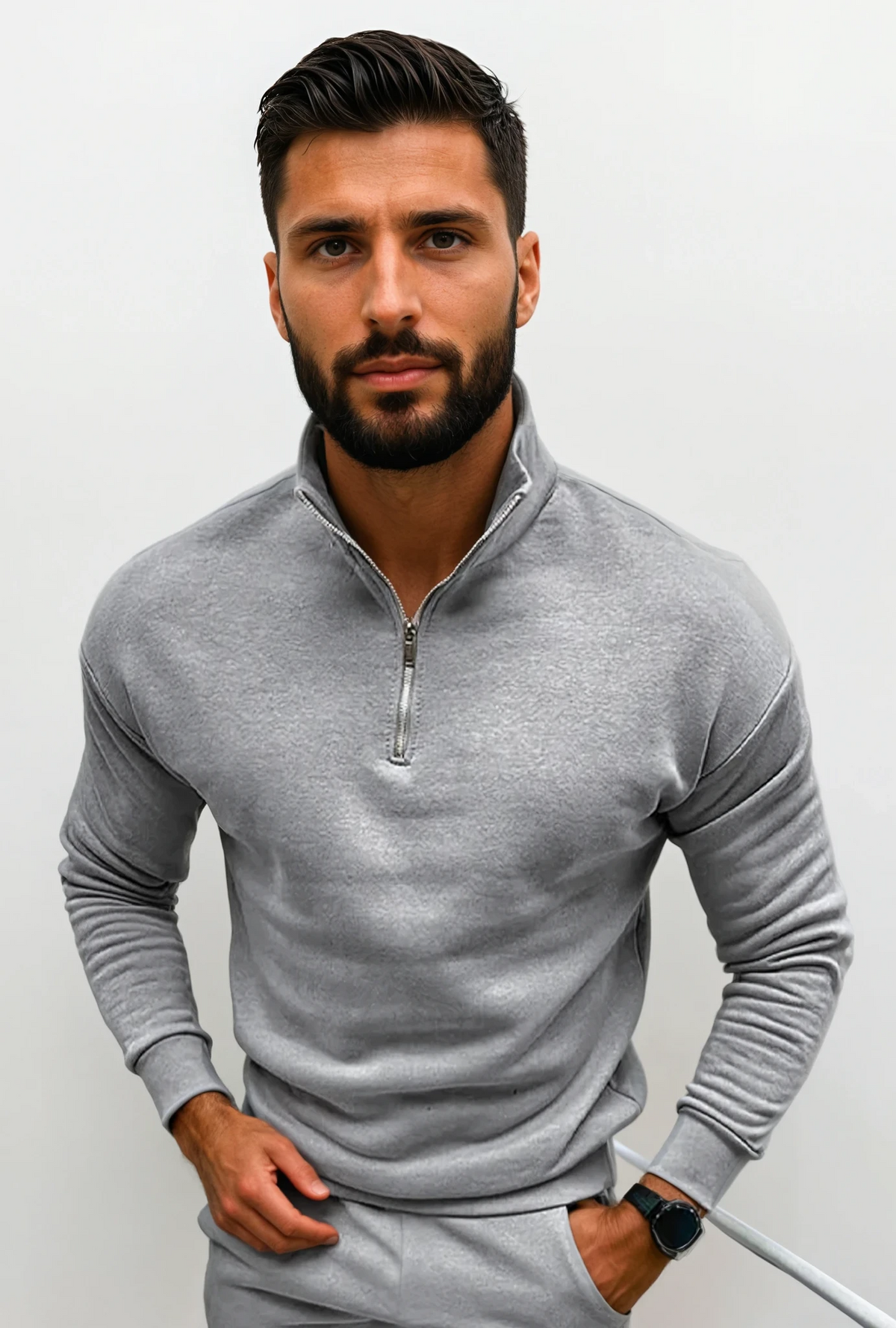 Men's Half-Zip Sweatshirt with Stand Collar in Beige - alternate angle showing fit and fabric detail