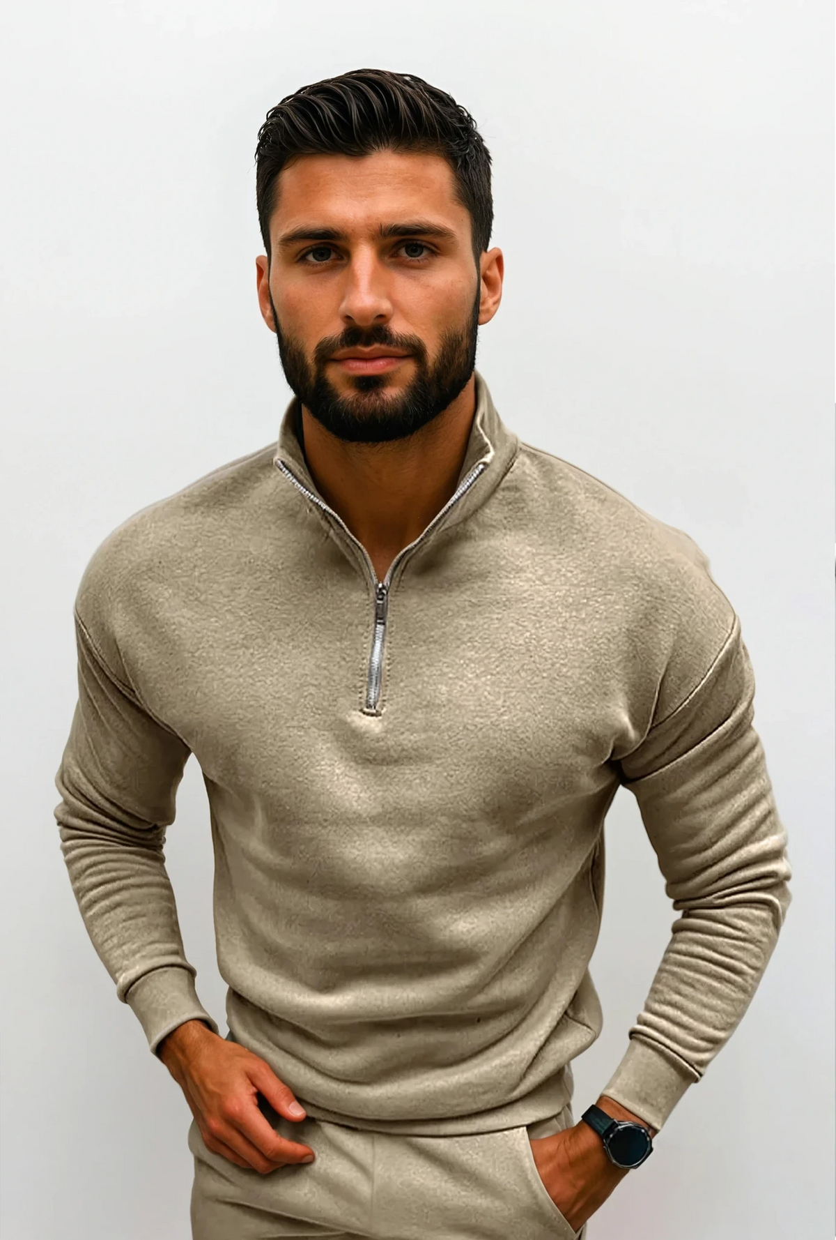 Men's Half-Zip Sweatshirt with Stand Collar in Brown - alternate angle showing fit and fabric detail