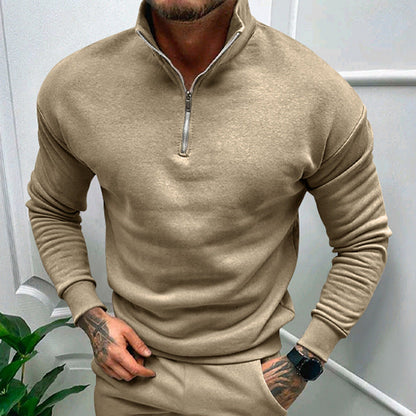 Men's Half-Zip Sweatshirt with Stand Collar in Brown - front view