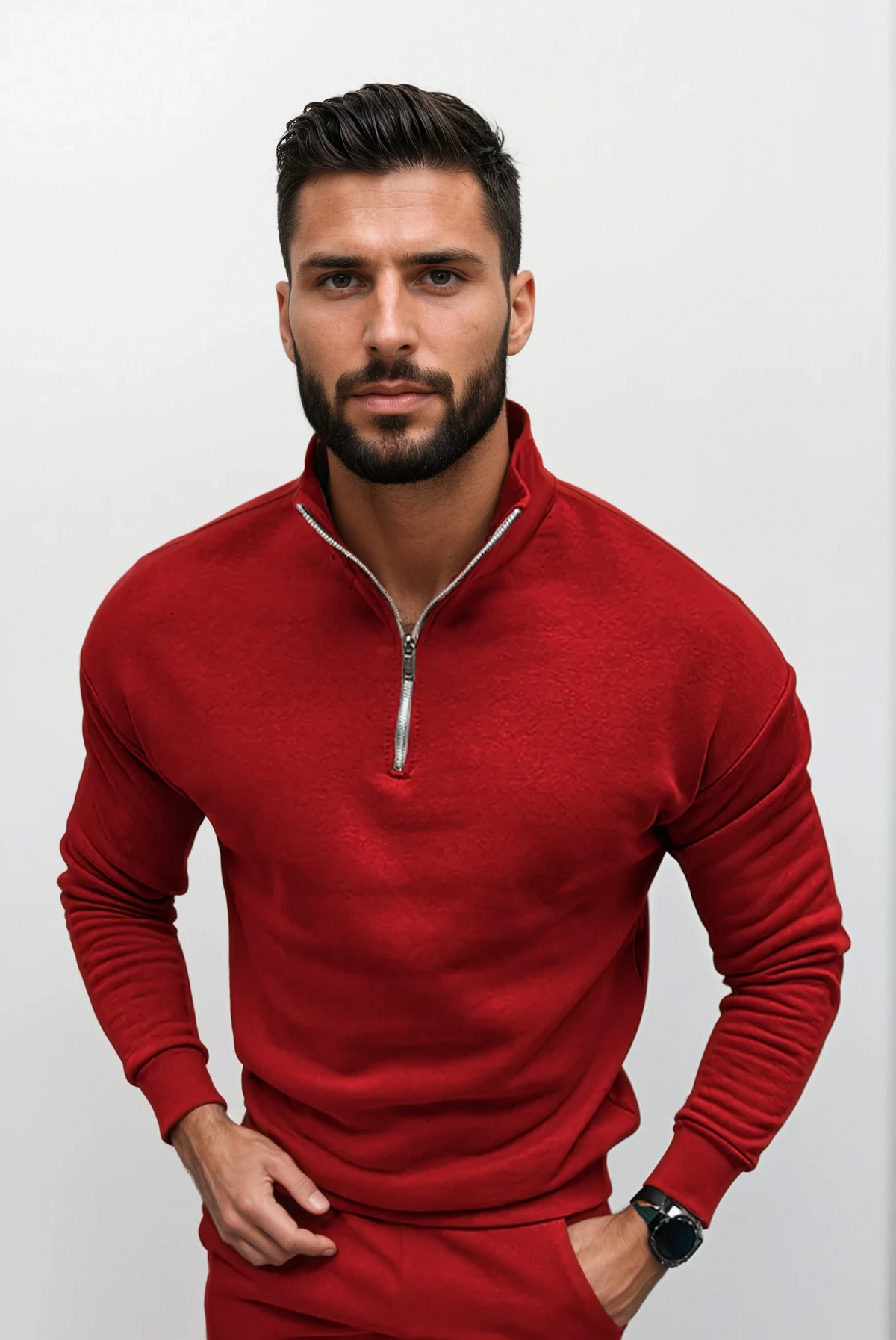 Men's Half-Zip Sweatshirt with Stand Collar in Red - alternate angle showing fit and fabric detail